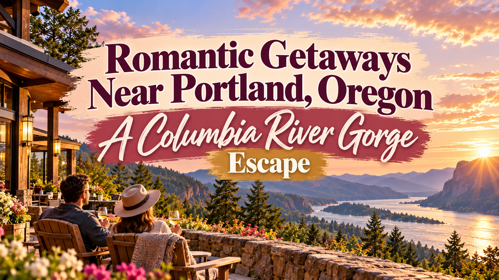 Romantic getaway at a Columbia River Gorge lodge near Portland, with sunset river views and outdoor seating