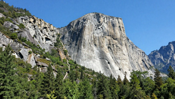 Steep granite cliff and pine forest under a clear blue sky
