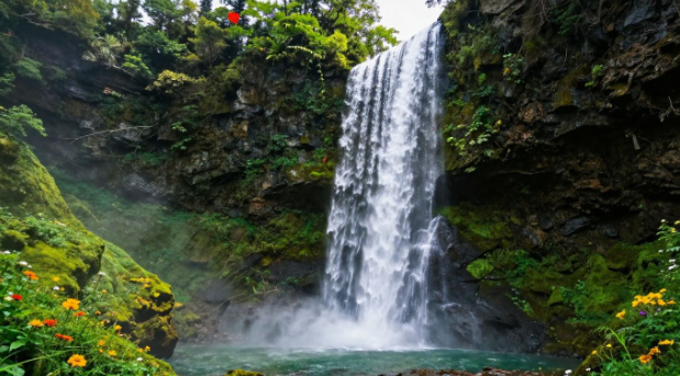 Tall waterfall cascading into a turquoise pool amid lush green cliffs and misty spray