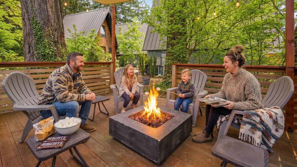 People gathered around a backyard fire pit on a wooden deck, chatting in cozy chairs.