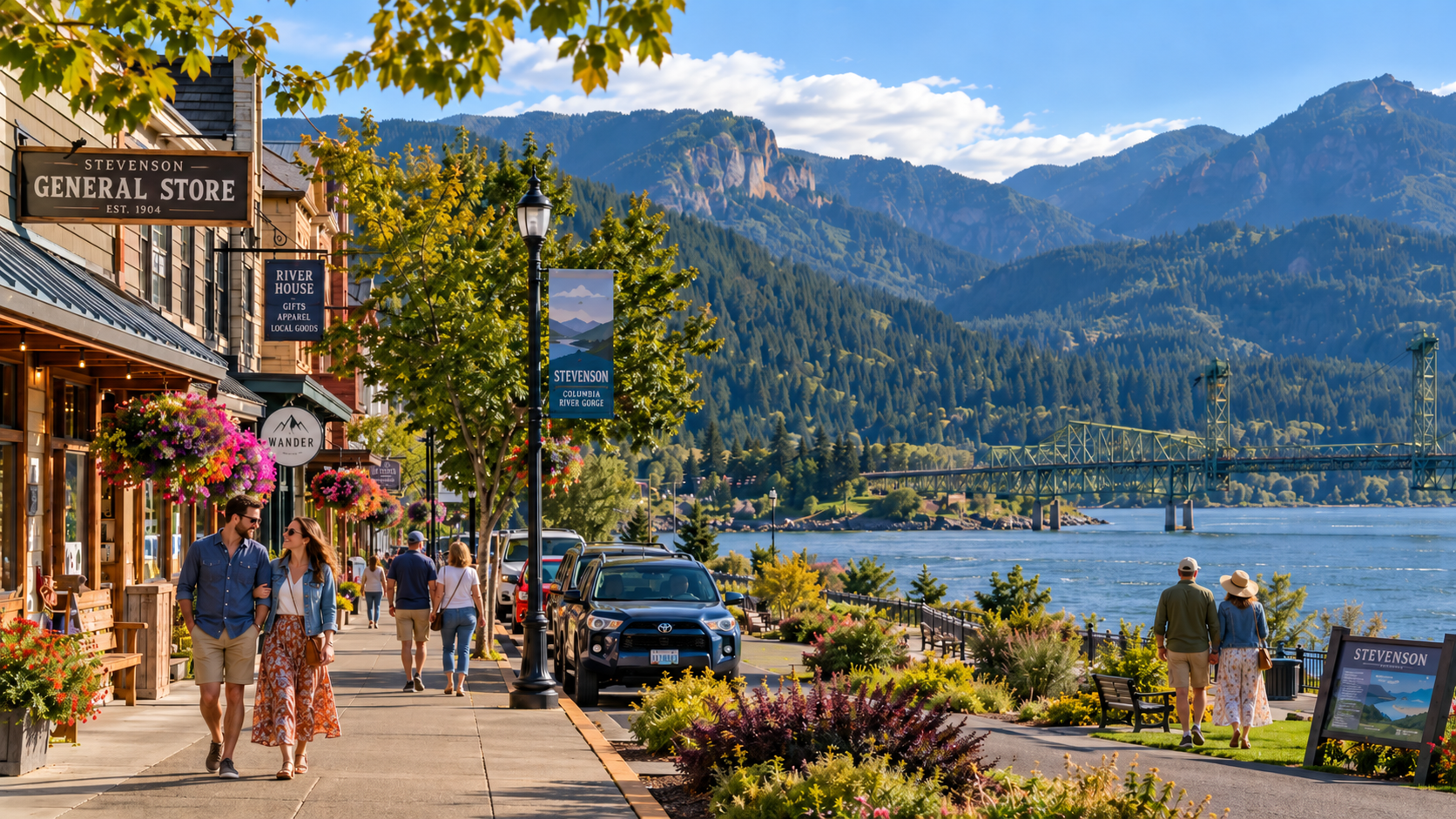 Sunny lakeside street with shops, people walking, parked cars, and mountains across the water.