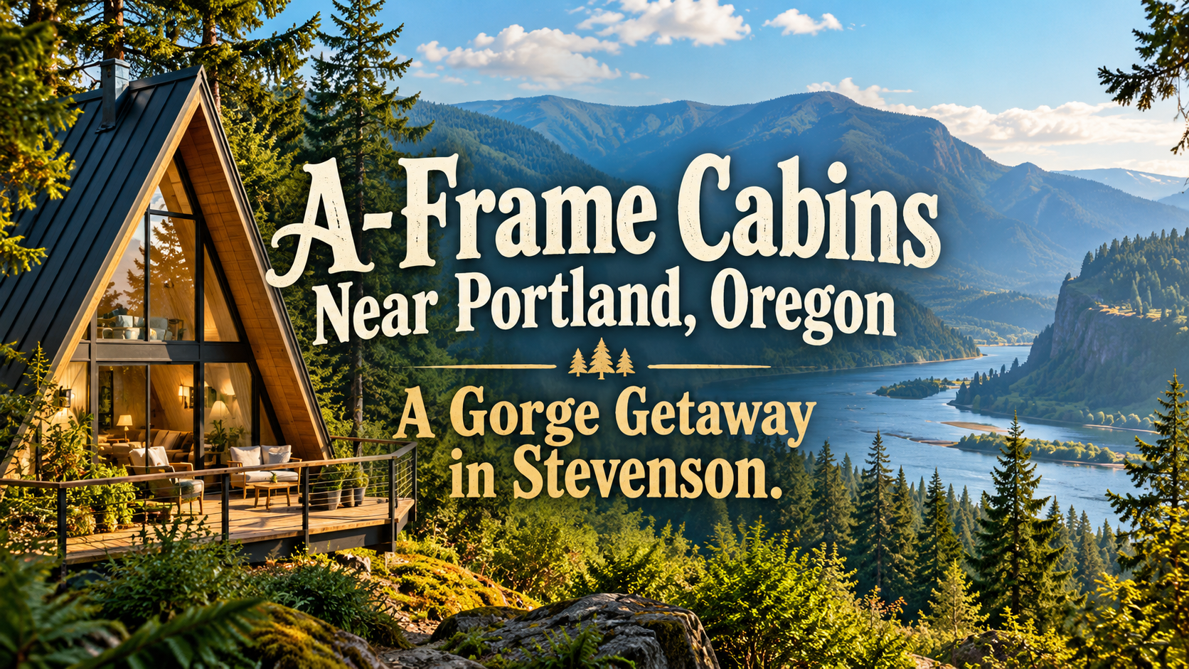 A-frame cabins near Portland, Oregon, with mountain and forest views, promoting a gorge getaway in Stevenson.