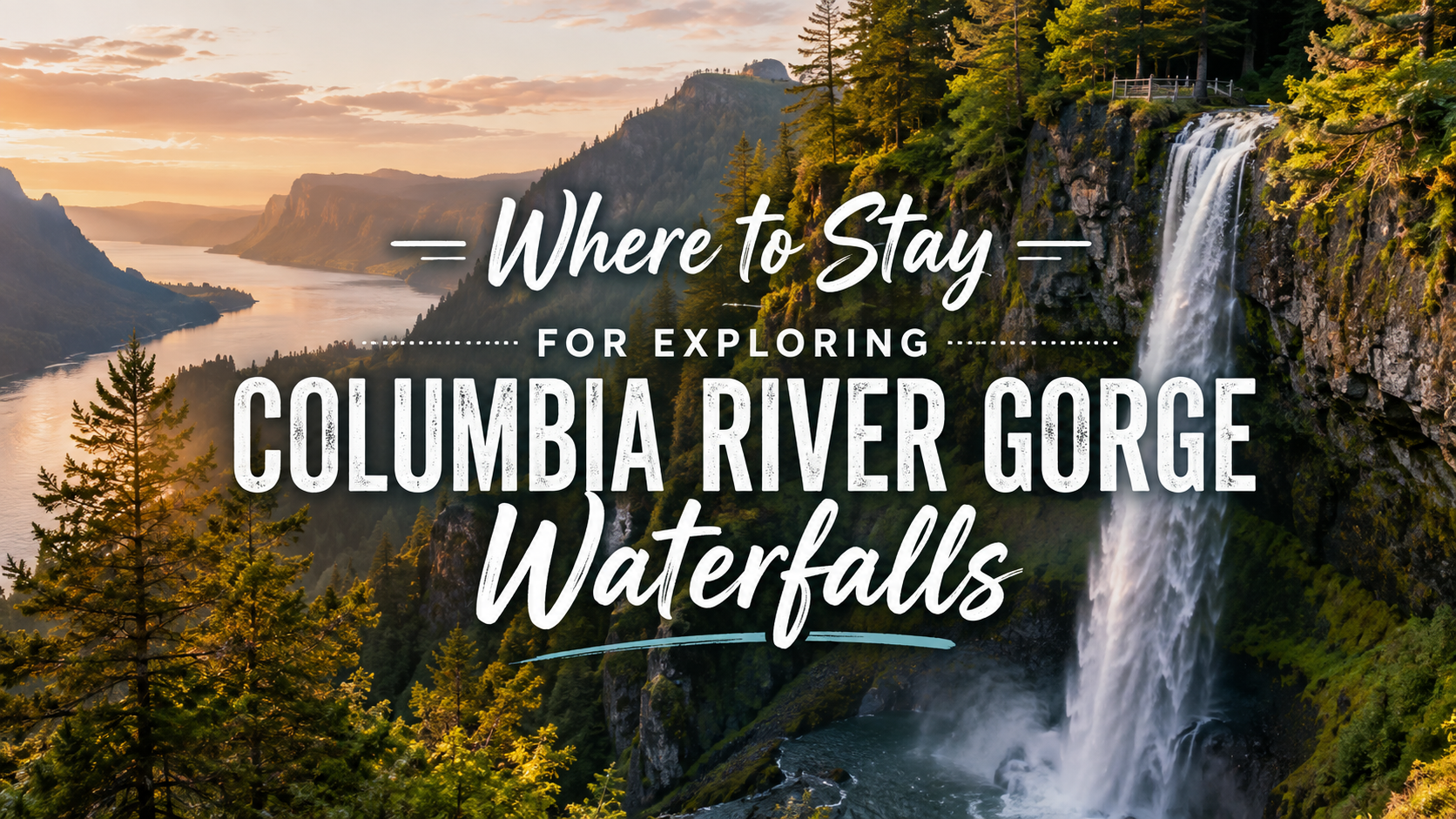 Columbia River Gorge waterfall at sunset with text “Where to Stay for Exploring Columbia River Gorge Waterfalls”