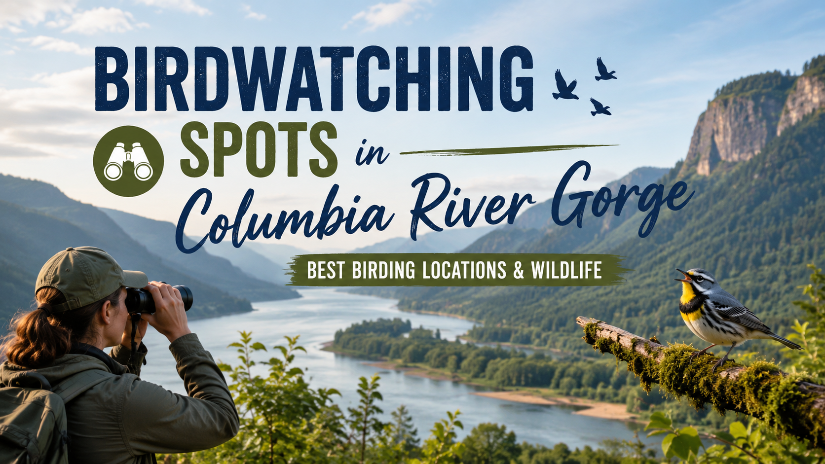 Birdwatching spots in Columbia River Gorge with binoculars, river, cliffs, birds, and “best spring locations & wildlife” text
