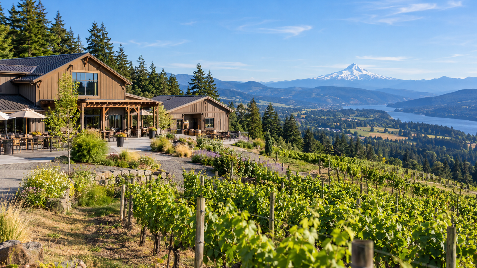 Winery hillside with cabins, vineyard rows, lake valley, and snow-capped mountain in the distance