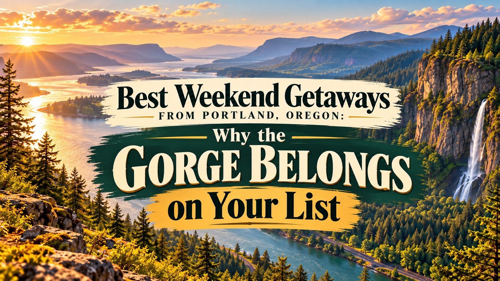 Sunset view of the Columbia River Gorge with text: “Best Weekend Getaways from Portland, Oregon: Why the Gorge Belongs on Your List”