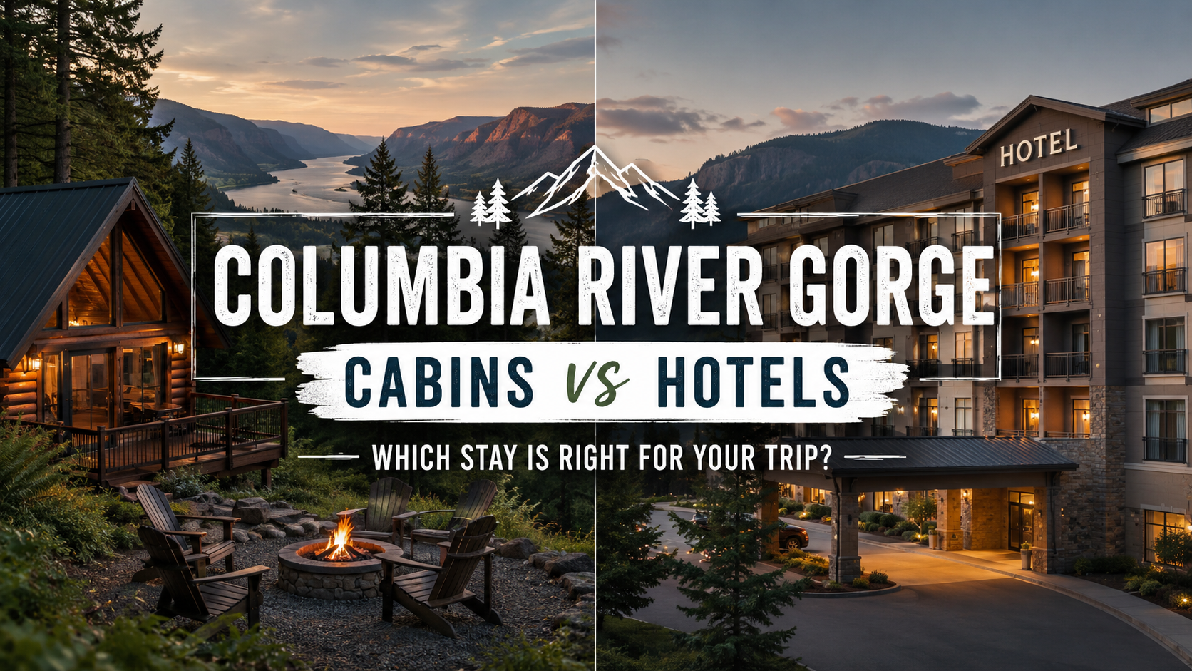 Columbia River Gorge cabins and hotels at sunset with forest, river, and mountain views
