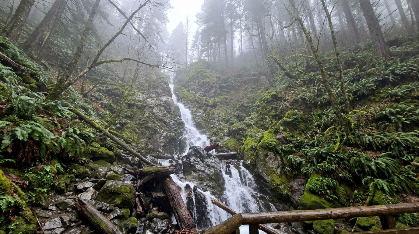 Misty forest waterfall cascading over rocks, surrounded by green ferns and tall trees