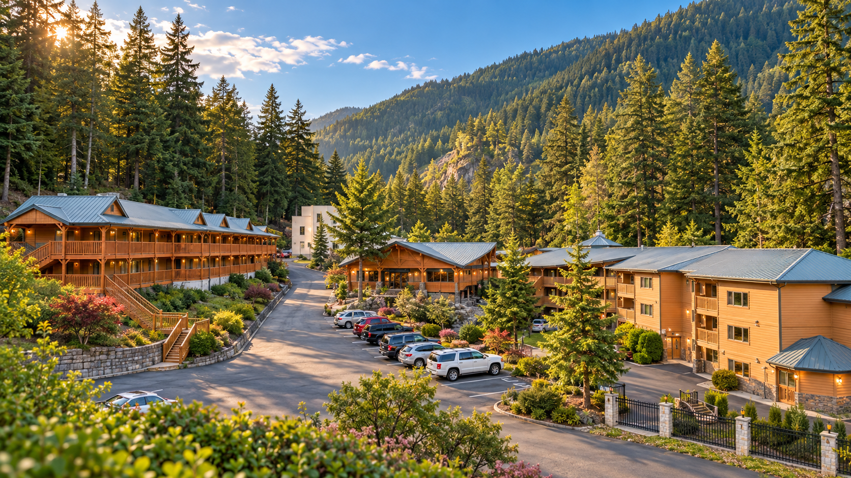 Mountain lodge buildings and parked cars in a forested valley with mountains under a bright sky