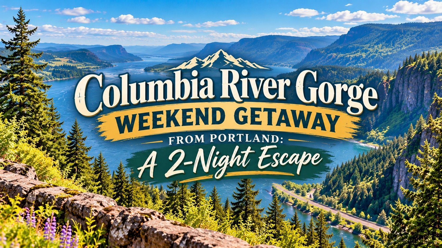 Columbia River Gorge weekend getaway ad with mountains, river, wildflowers, and blue sky.
