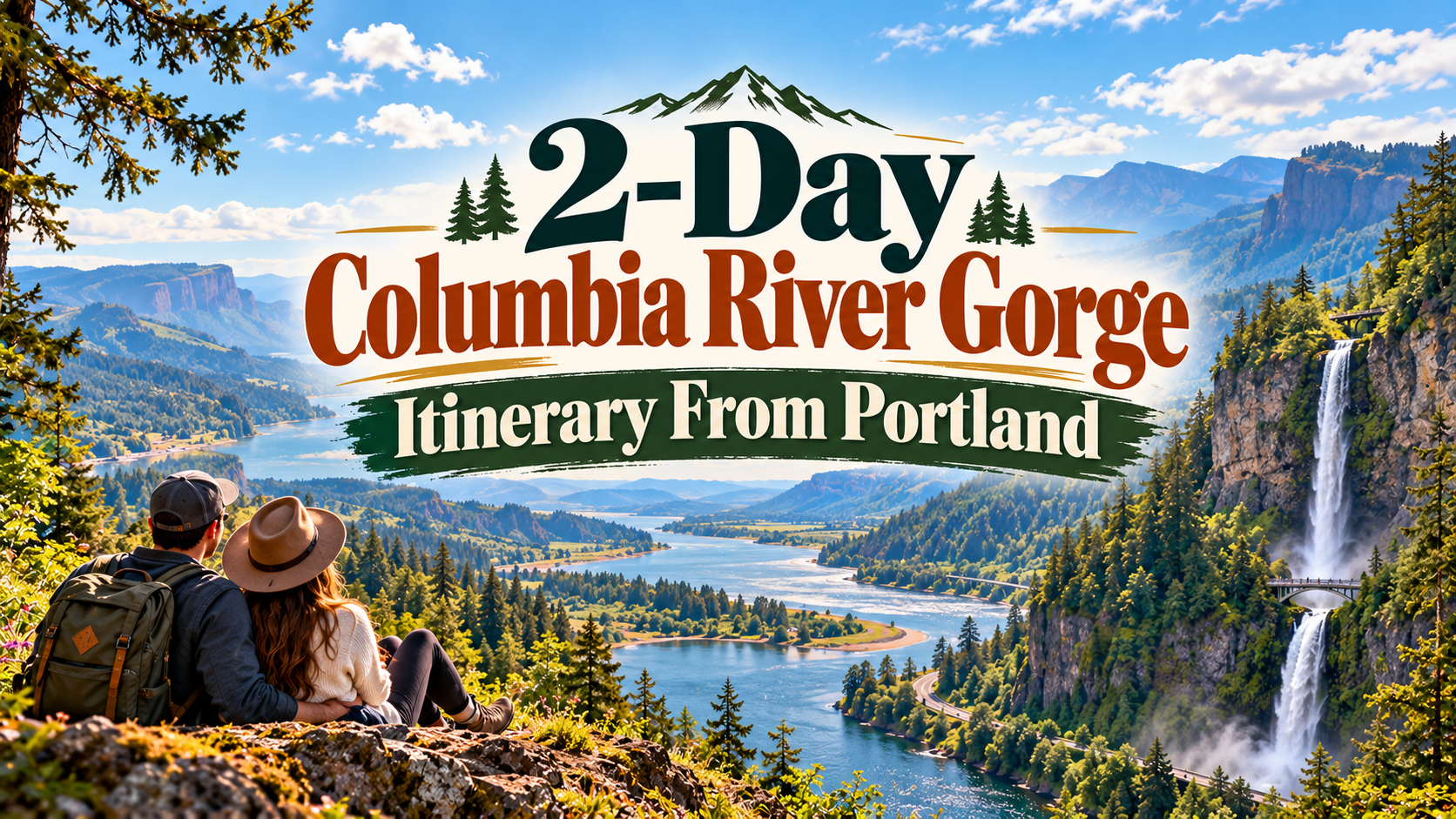 2-day Columbia River Gorge itinerary from Portland, with hikers overlooking river, cliffs, and waterfall