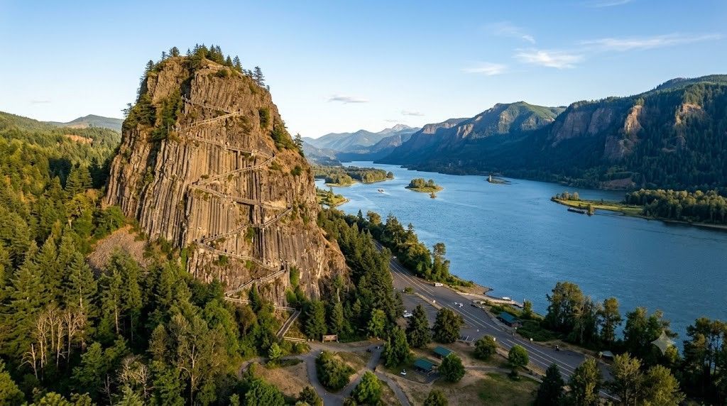 Rocky cliff above a blue river with forested hills and mountains under a clear sky.