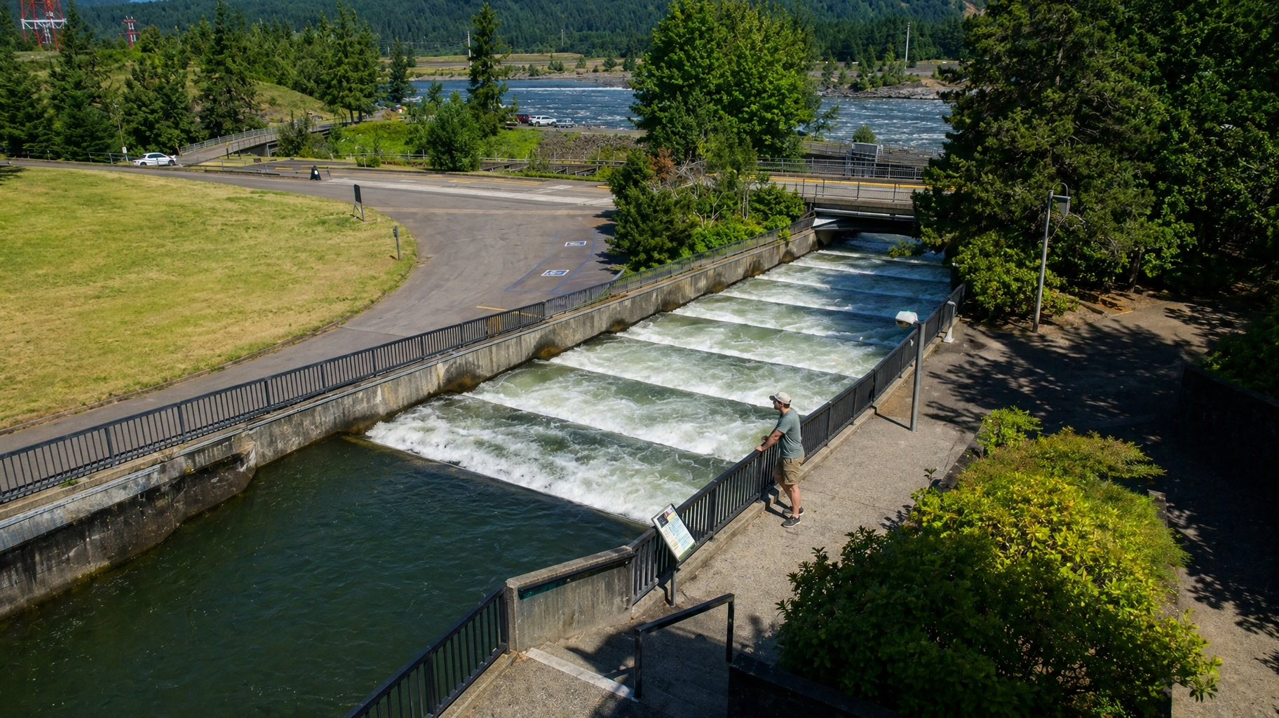 Canal spillway with rushing water, bordered by concrete banks and green trees on a sunny day