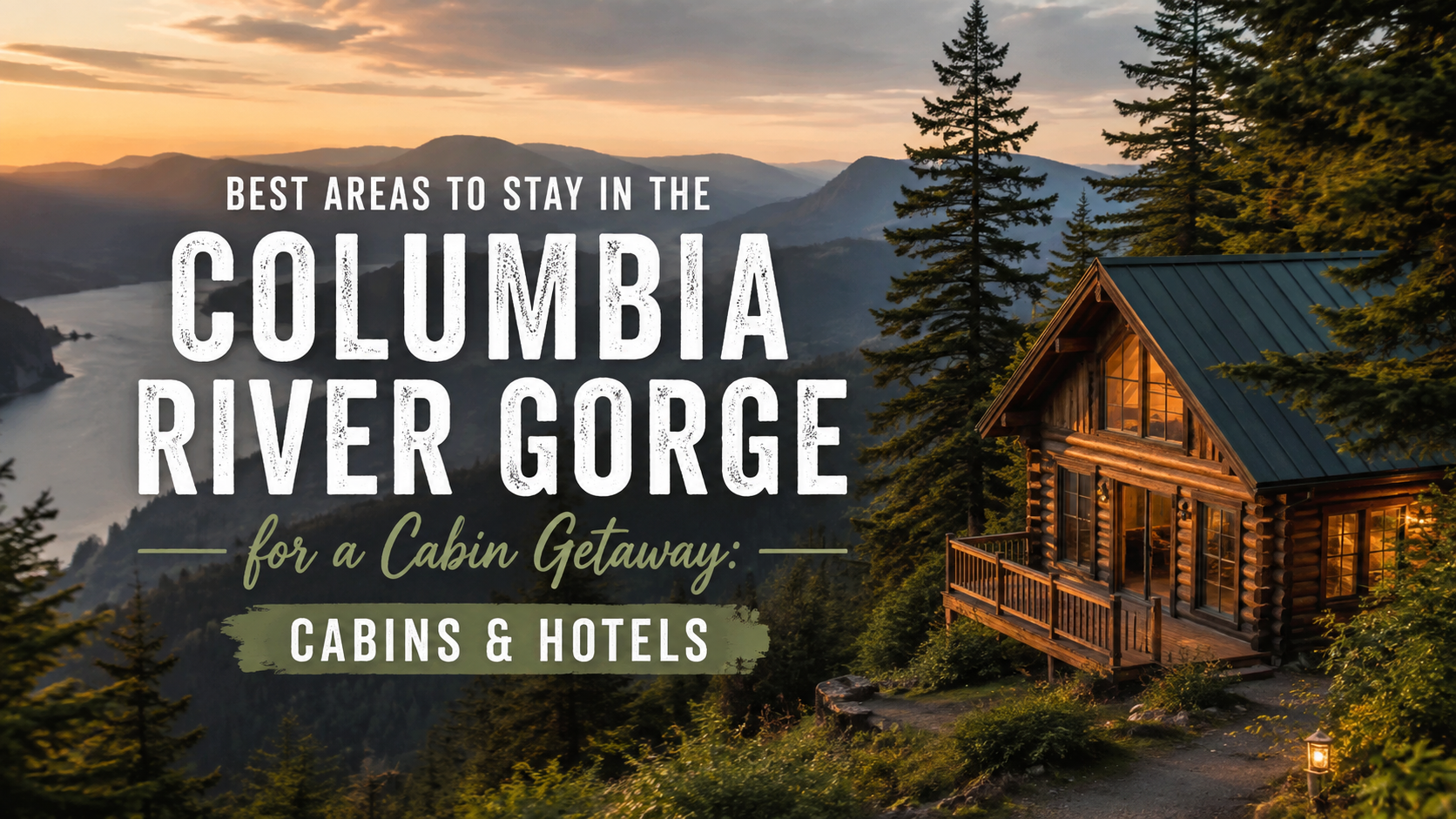 Columbia River Gorge cabin at sunset with river and forest, promoting cabins and hotels for a cozy getaway
