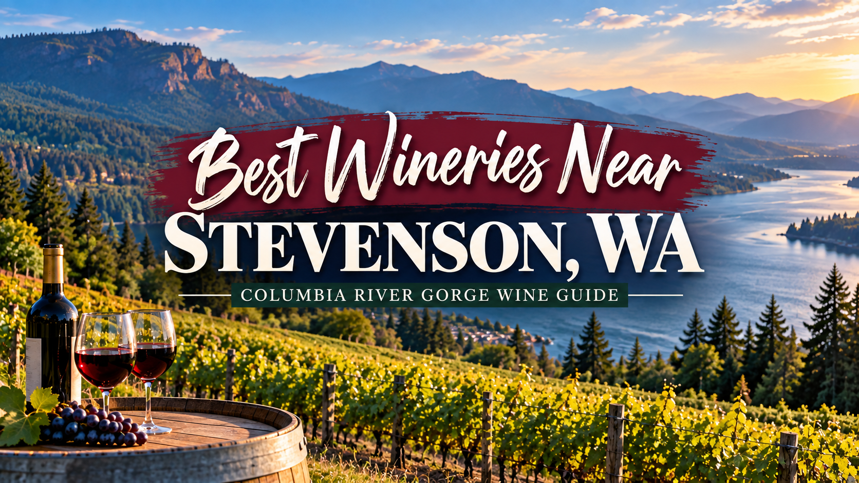 Best wineries near Stevenson, WA over a Columbia River Gorge vineyard at sunset