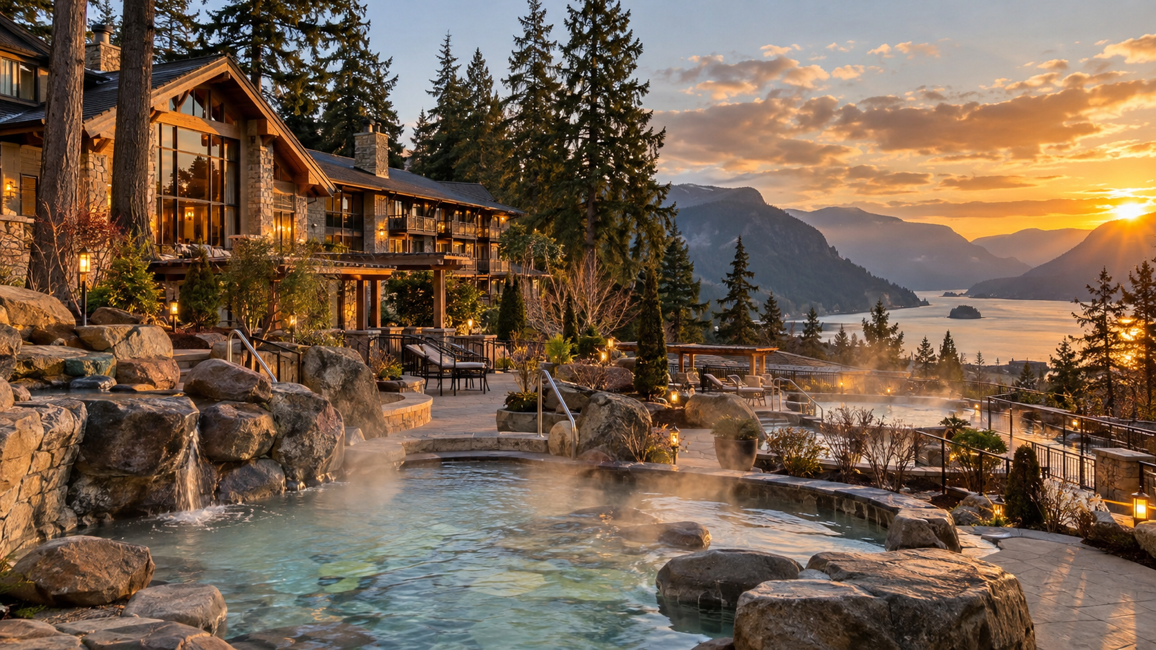Luxury lakeside cabin at sunset, with glowing lights, pine trees, rocks, and misty mountains by the water