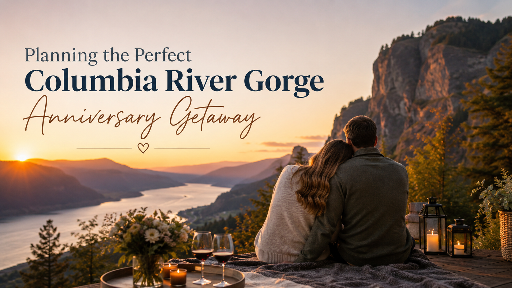 Couple overlooks Columbia River Gorge at sunset, with text promoting an anniversary getaway