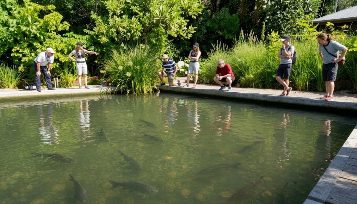 People standing along a pond in a lush garden, looking into the water.