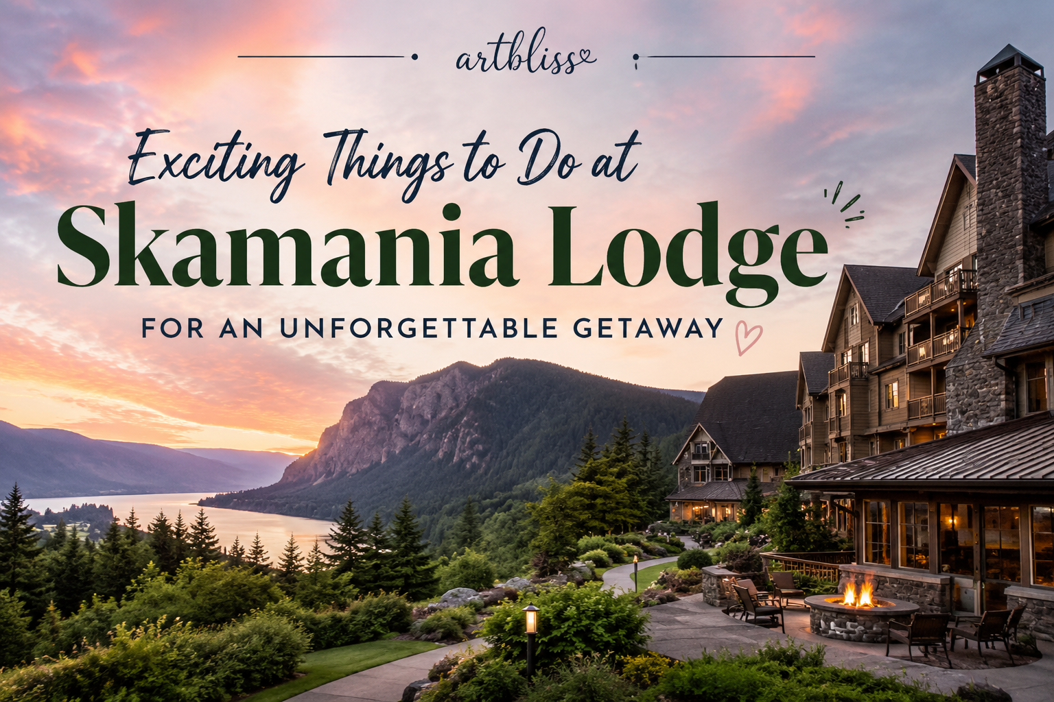 Skamania Lodge promotional graphic with a mountain lodge, sunset sky, and text about exciting things to do.