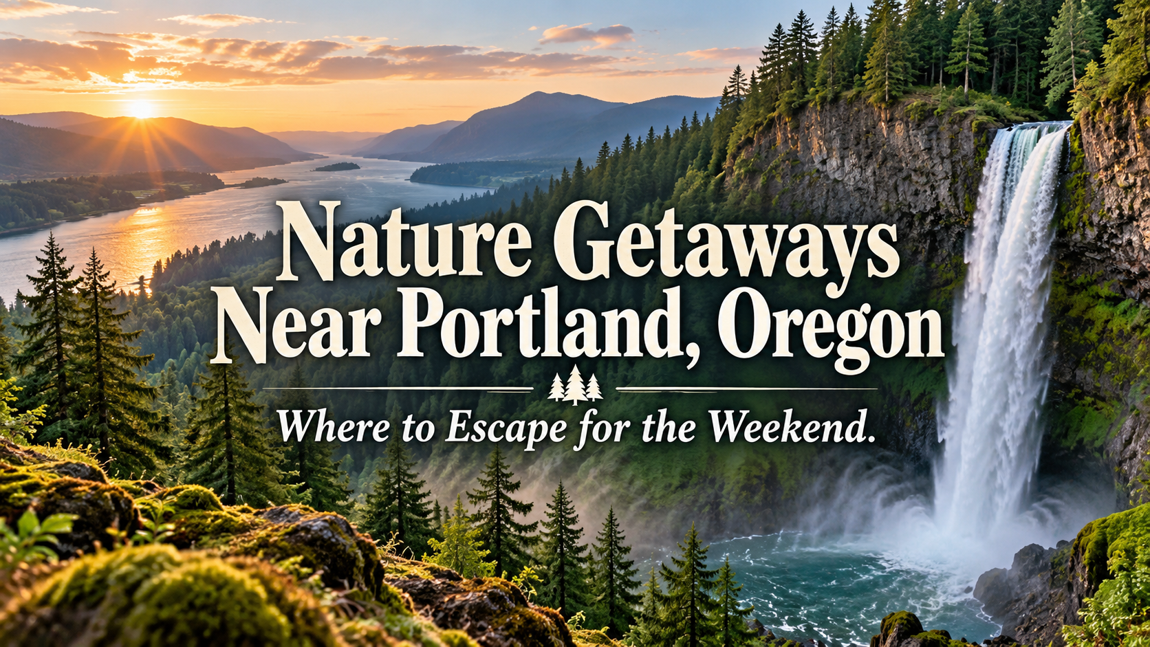 Sunrise over forested mountains and waterfall with text: “Nature Getaways Near Portland, Oregon.”