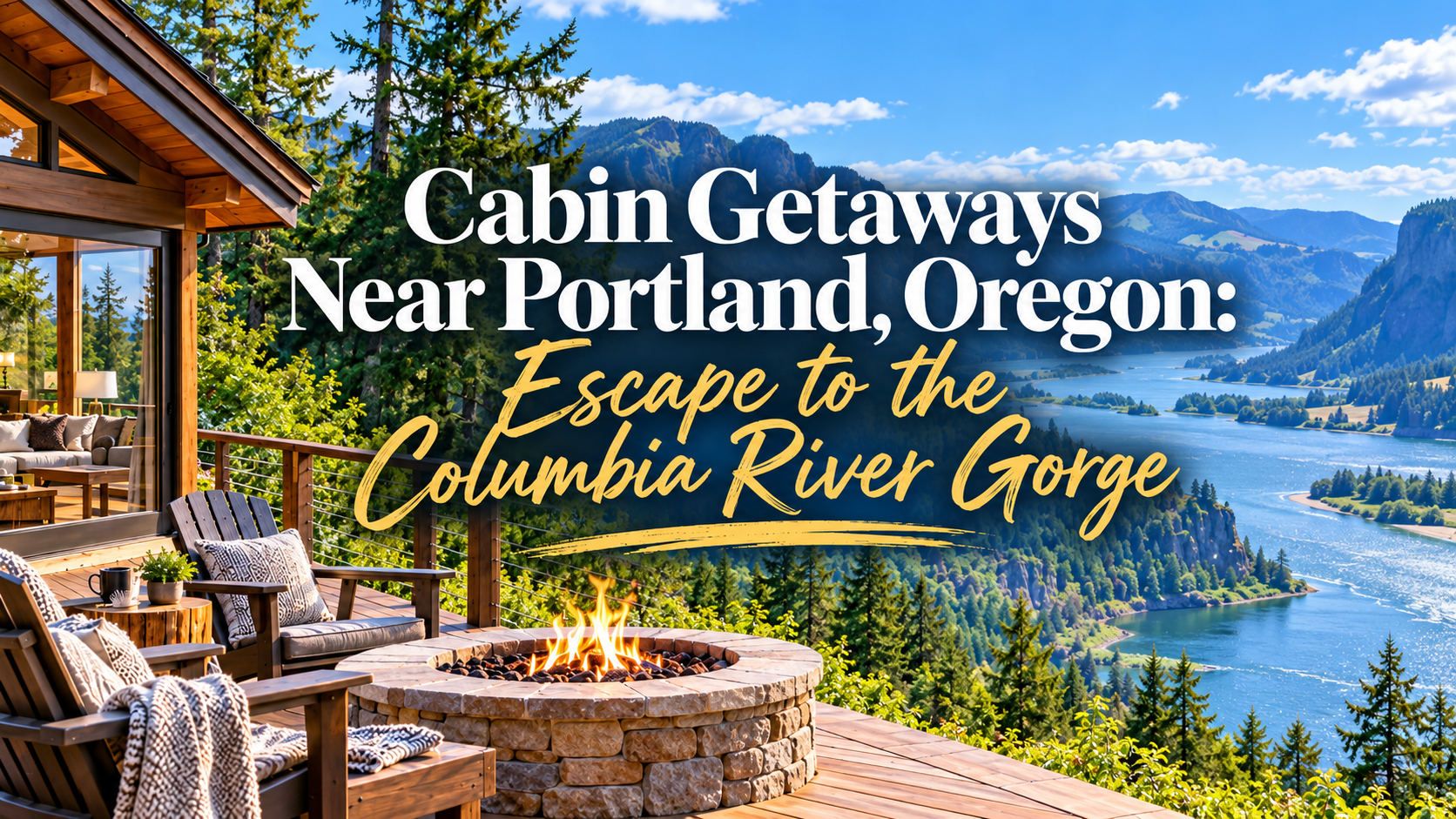 Cabin deck overlooking Columbia River Gorge with text: “Cabin Getaways Near Portland, Oregon”