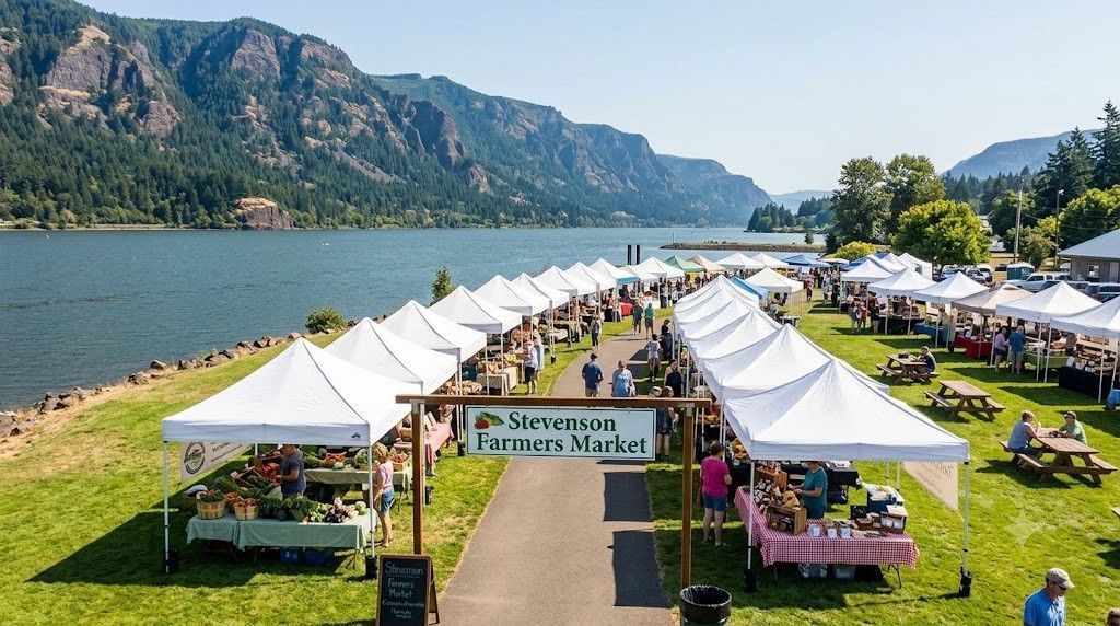 Outdoor market with white tents along a river beside mountains on a sunny day