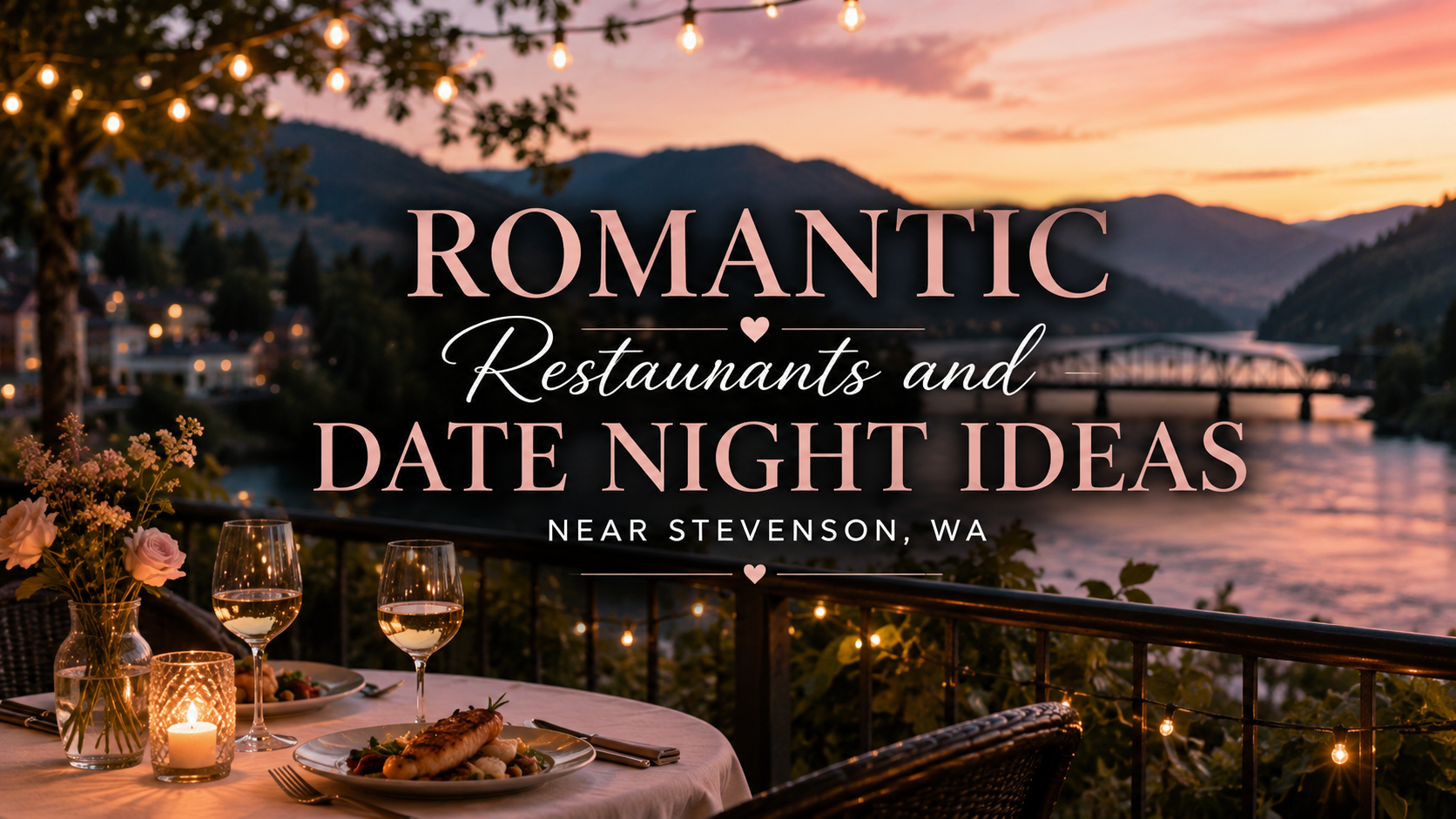 Romantic date night ideas over a sunset patio dining scene in Stevenson, WA