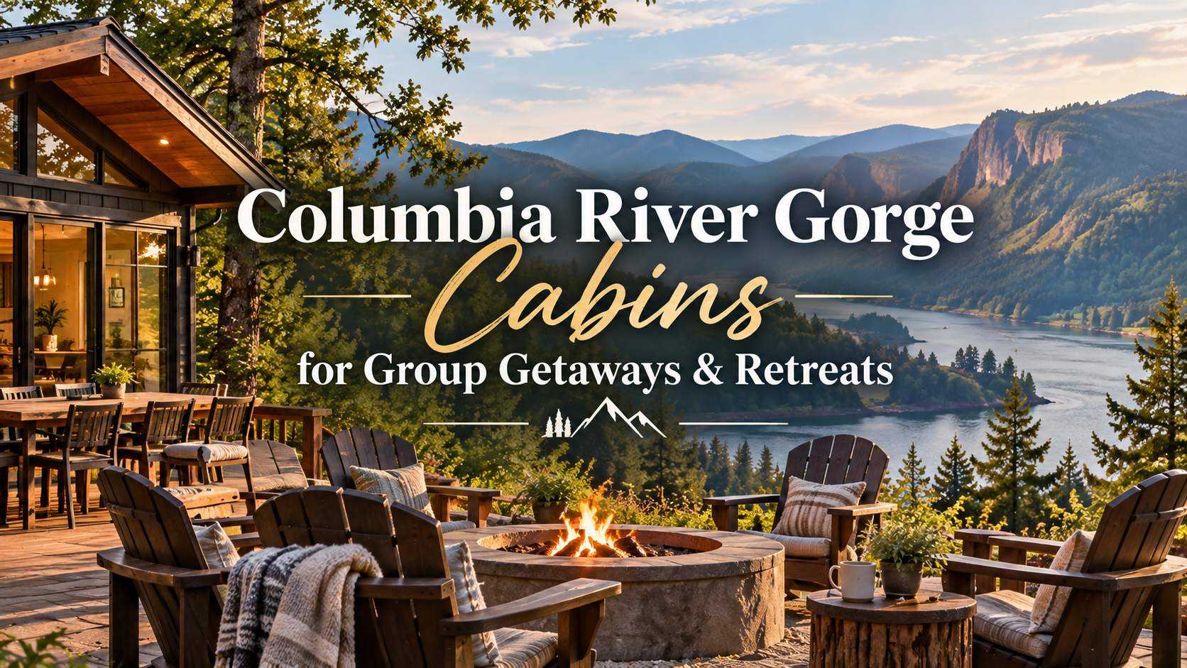 Columbia River Gorge cabins and river view at sunset, with deck seating and “Canyons for Group Getaways & Retreats” text
