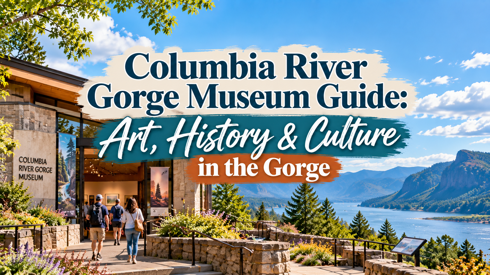 Columbia River Gorge Museum Guide with scenic overlook, visitors, and the title “Art, History & Culture in the Gorge”