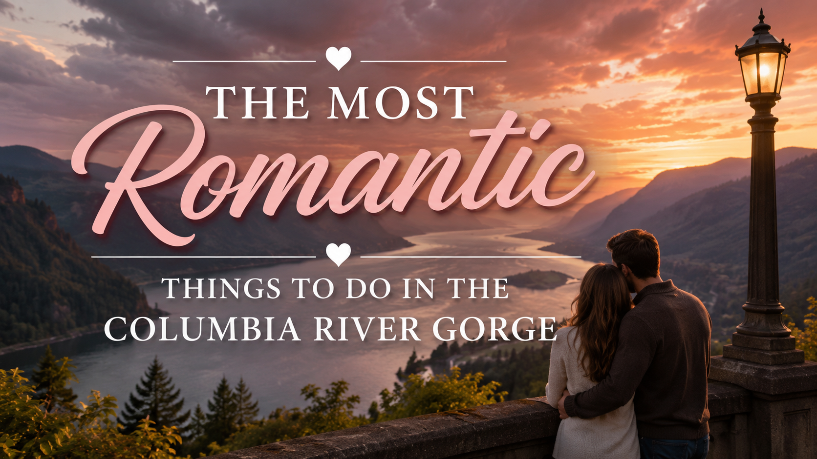 Romantic travel poster of the Columbia River Gorge at sunset with a couple, river, mountains, and lantern-lit overlook