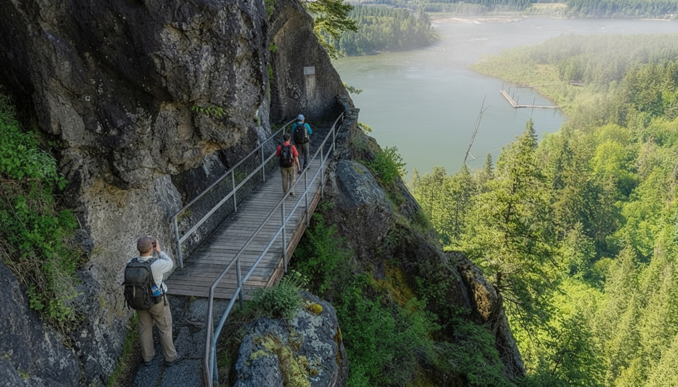 Hikers on a narrow cliffside walkway above a forested river valley, with misty mountains in the distance