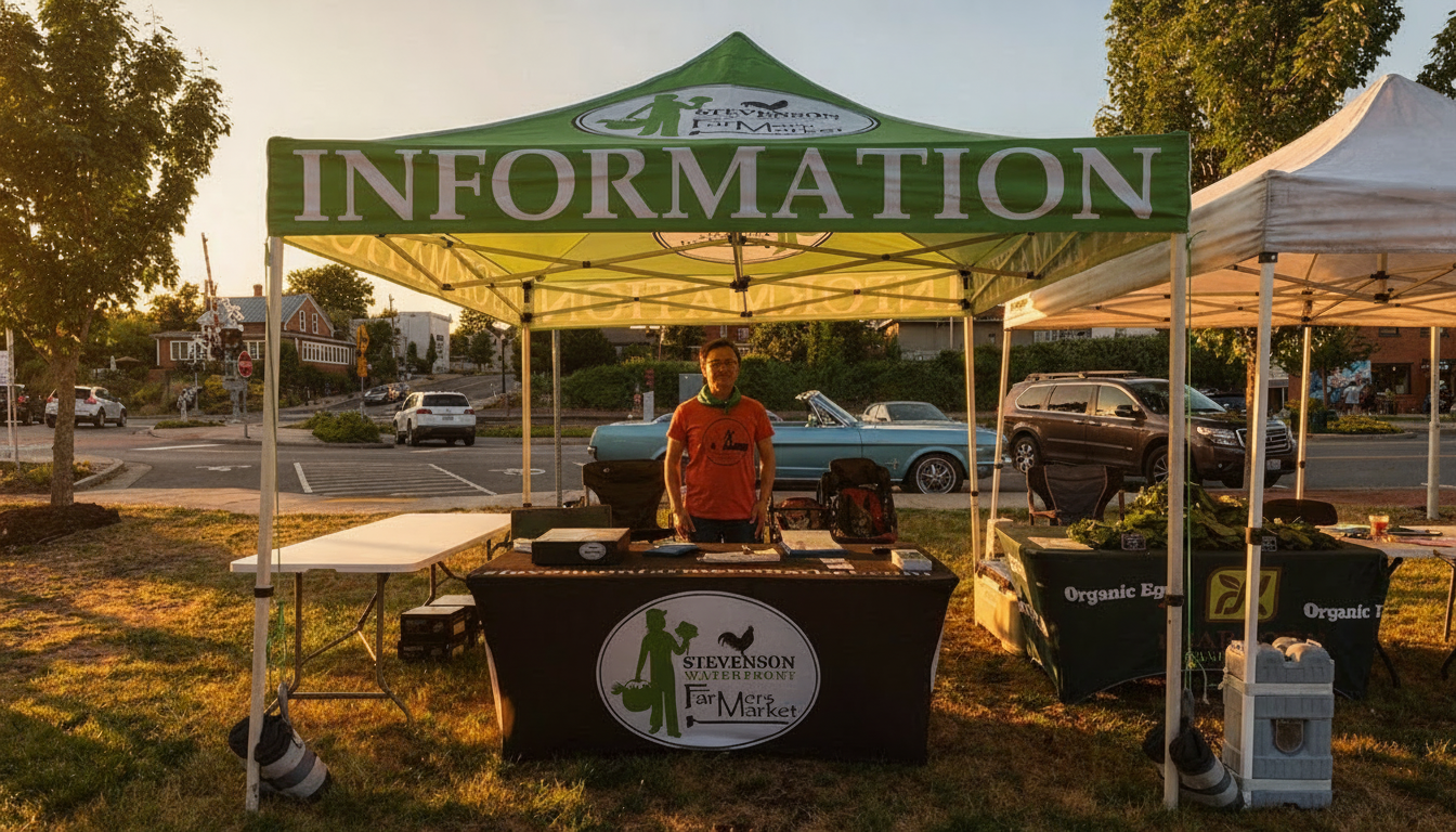 Outdoor information booth under a green canopy, with tables and coolers set up at sunset