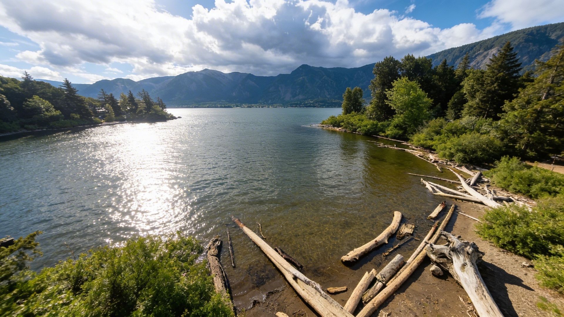Wooden logs on a rocky lakeshore with forested mountains under cloudy skies