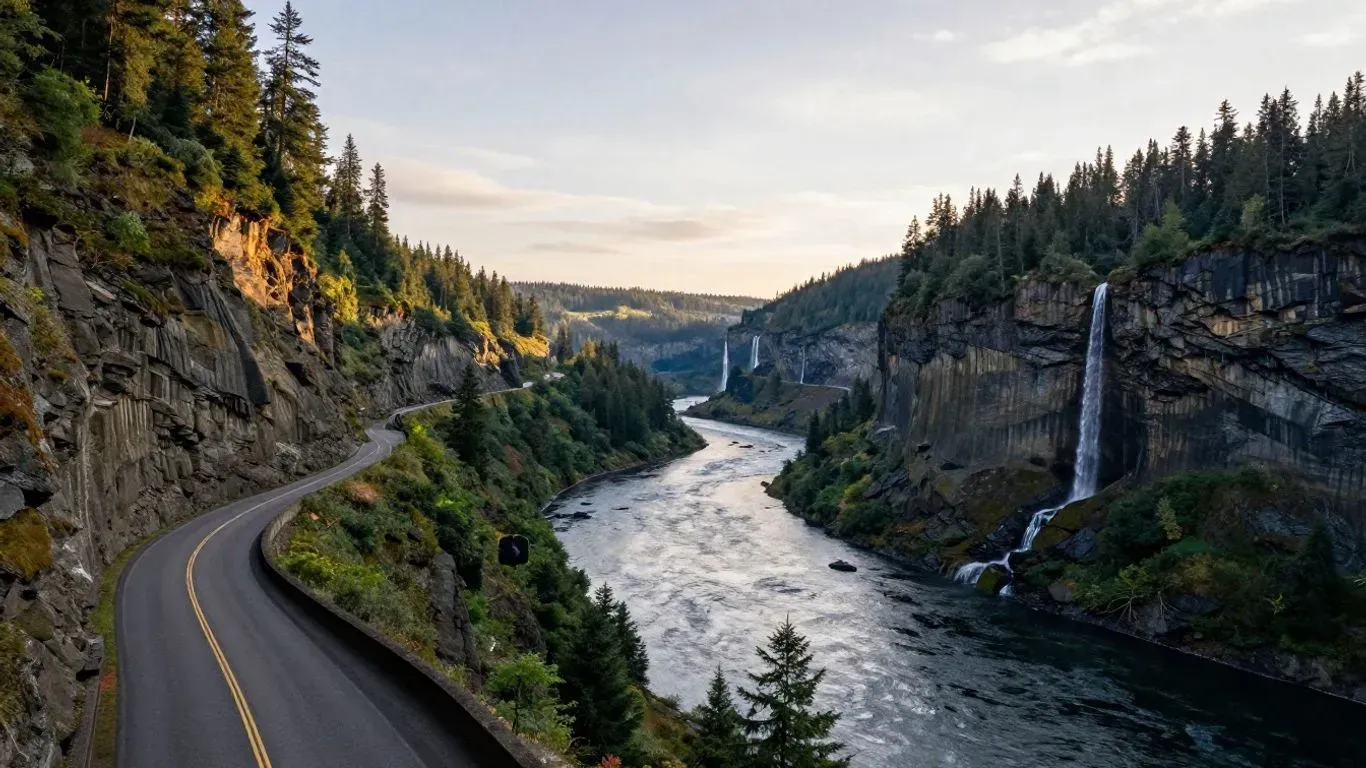 Winding road beside a river canyon and waterfall at sunset, surrounded by forested cliffs