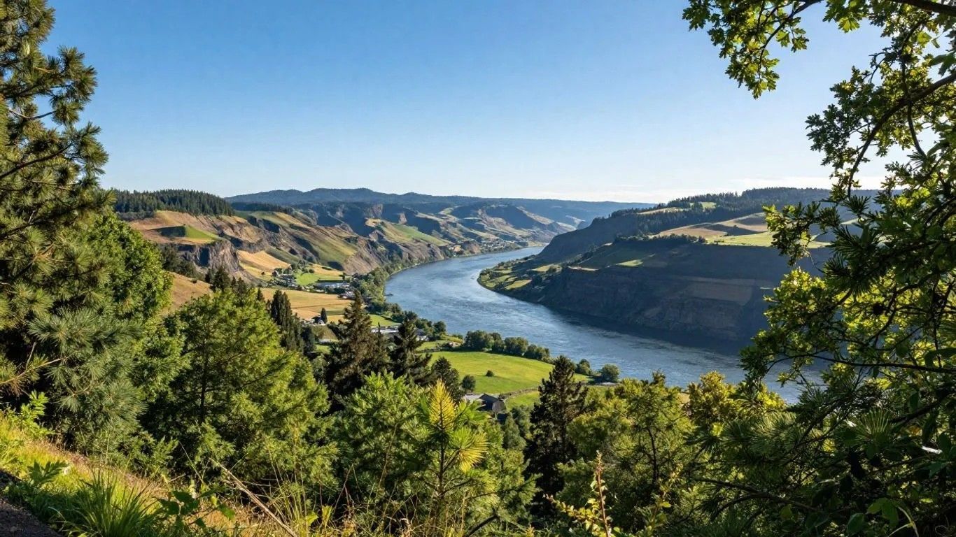 Scenic river valley with green hills, trees, and a winding river under a clear blue sky