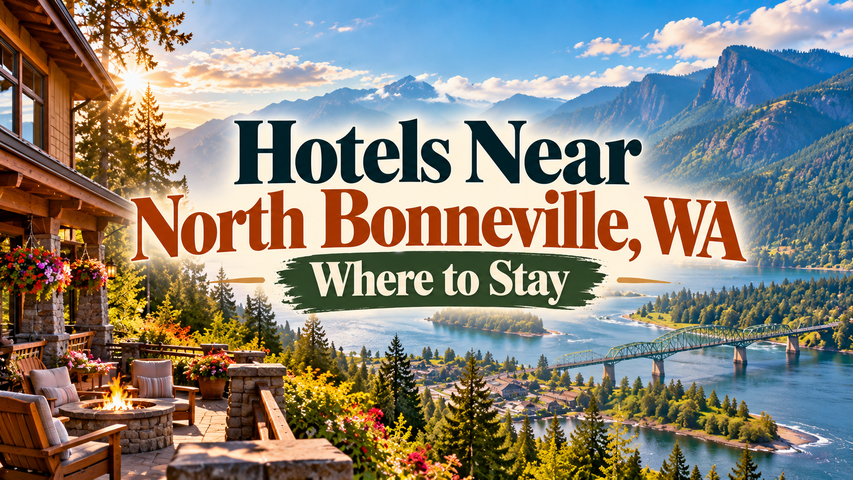 Hotel guide for North Bonneville, WA over a scenic mountain river town at sunset