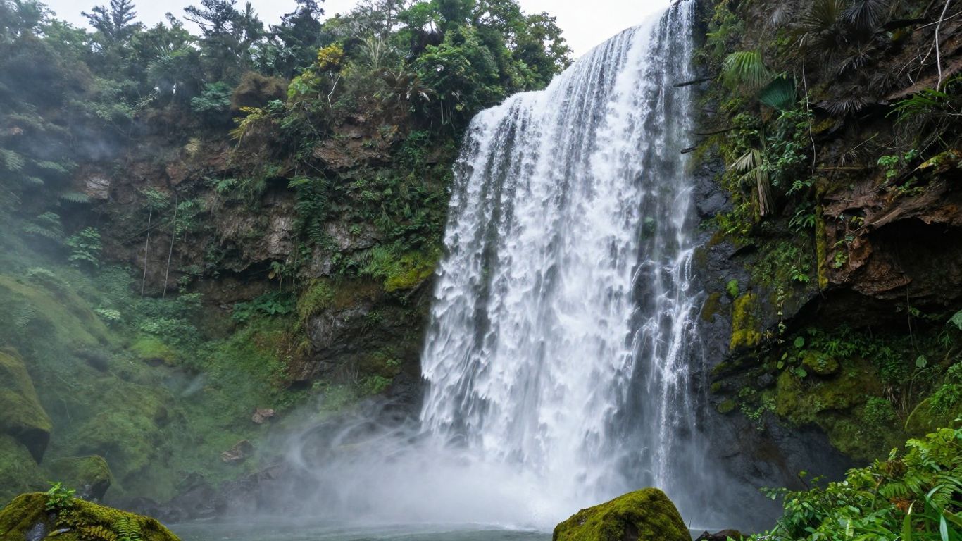 Tall waterfall plunging into a misty pool beside green cliffs and mossy rocks