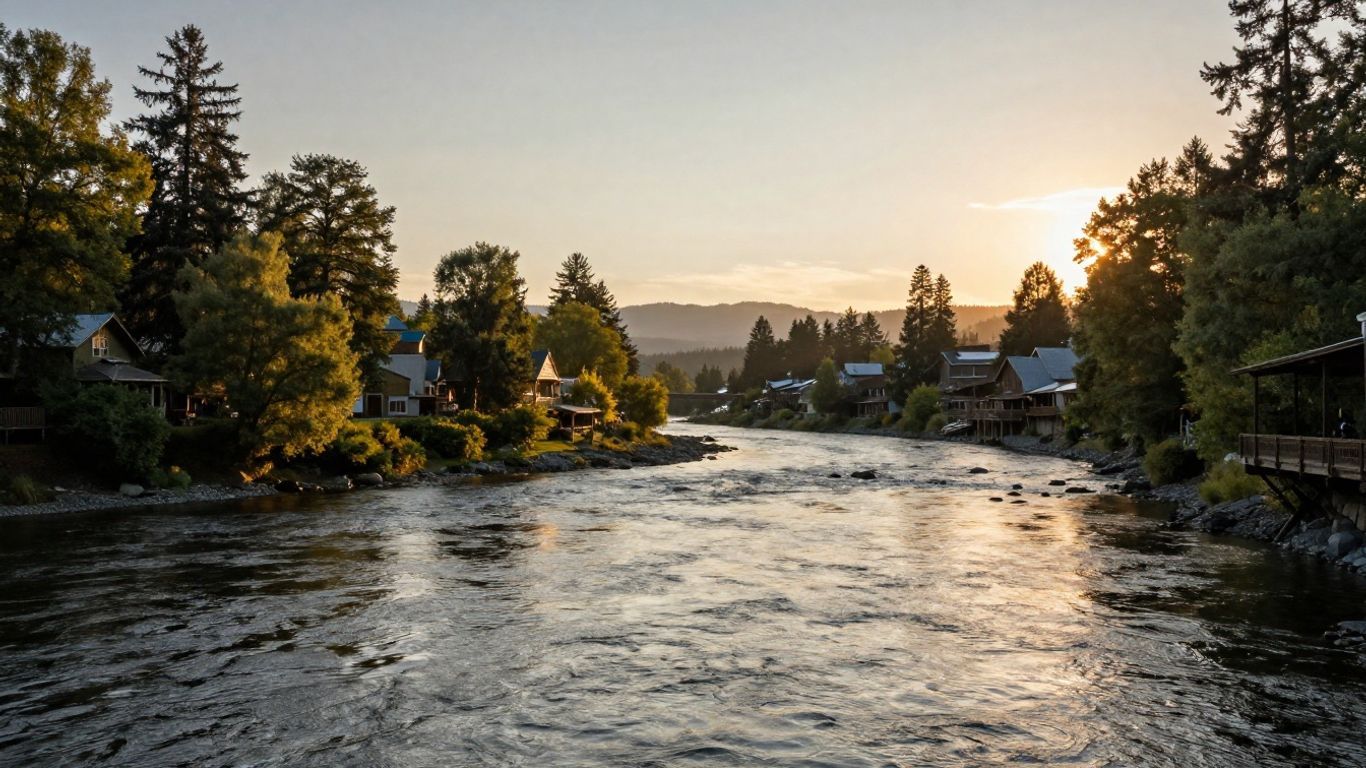 Sunset over a calm river lined with trees and houses, with warm light reflecting on the water