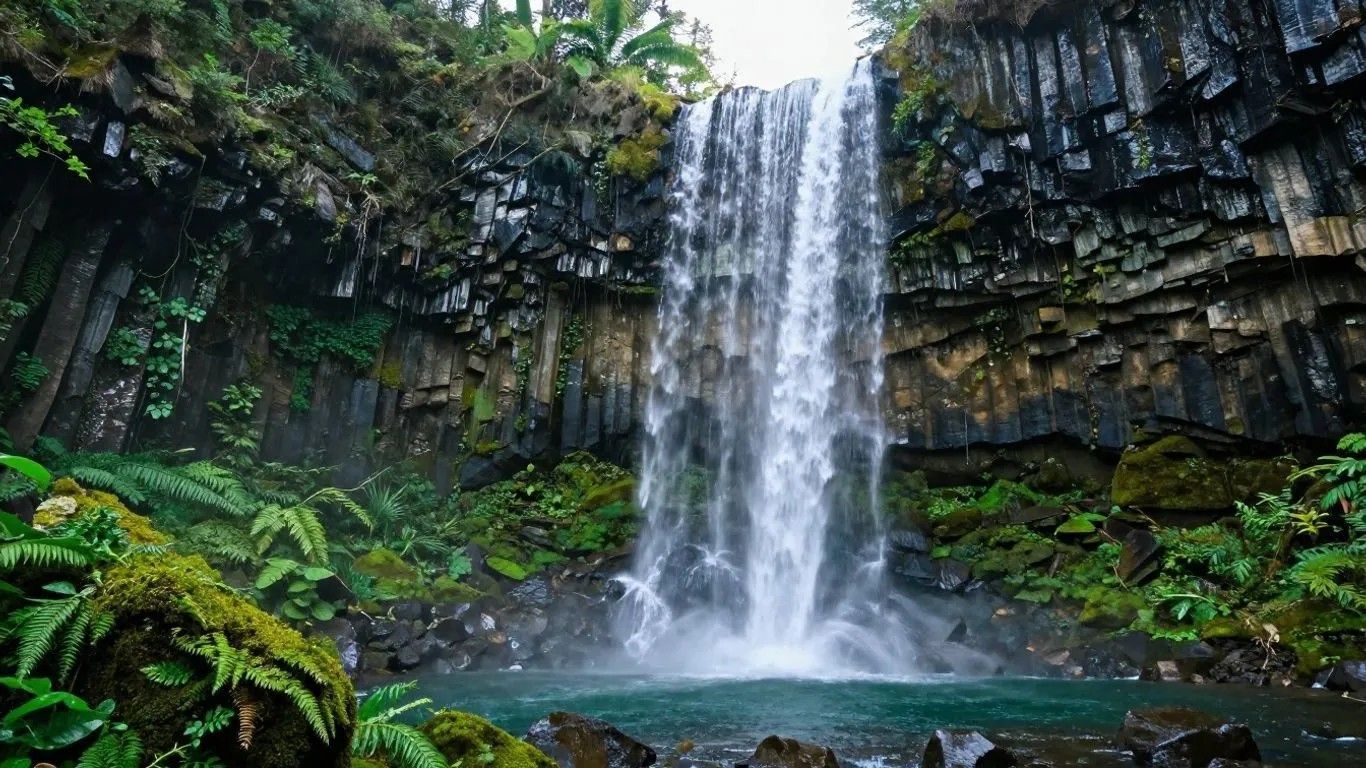 Waterfall pouring into a turquoise pool beneath a lush green cliff face