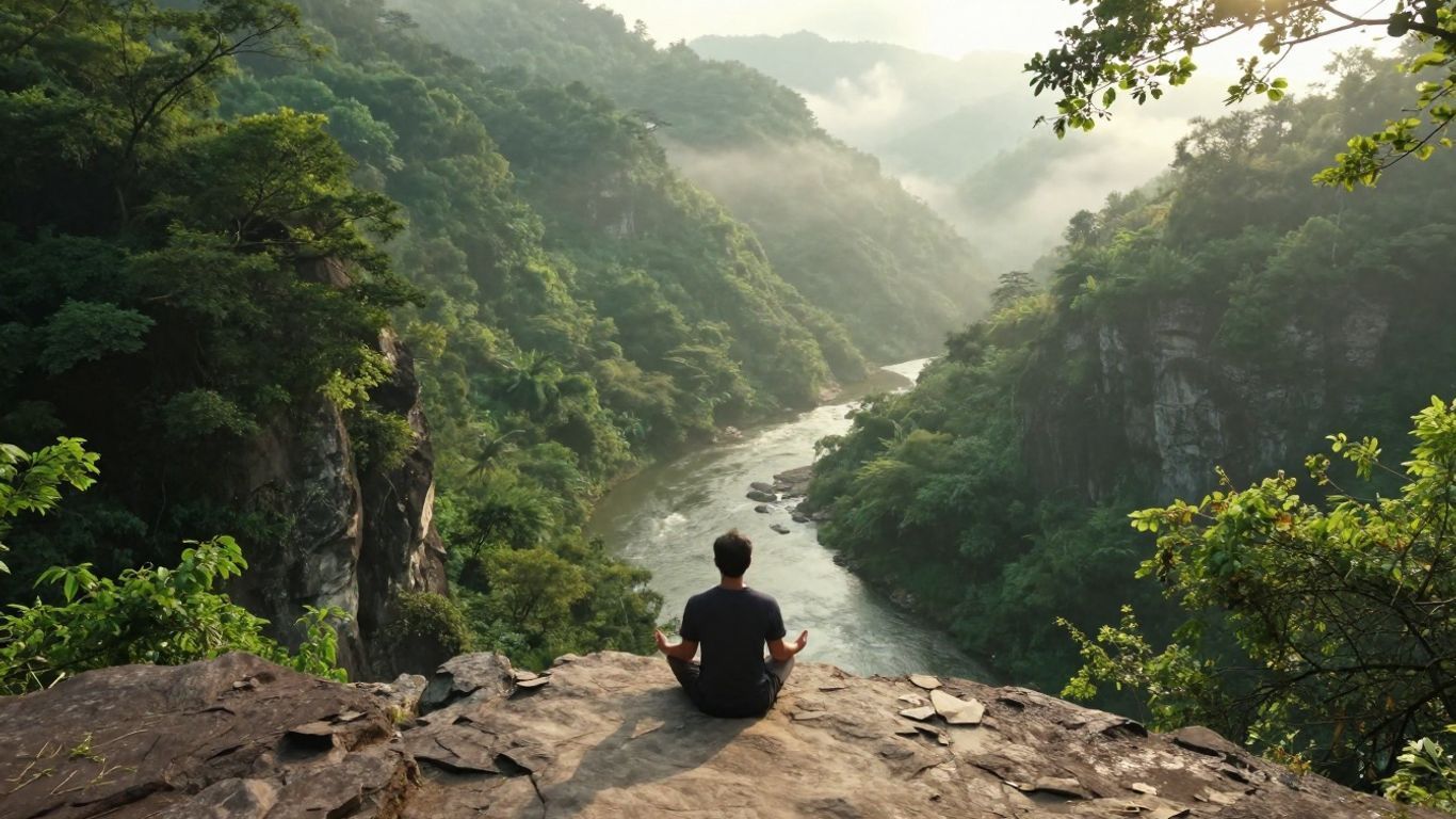 Person sitting on a rocky overlook above a lush jungle river valley at sunrise