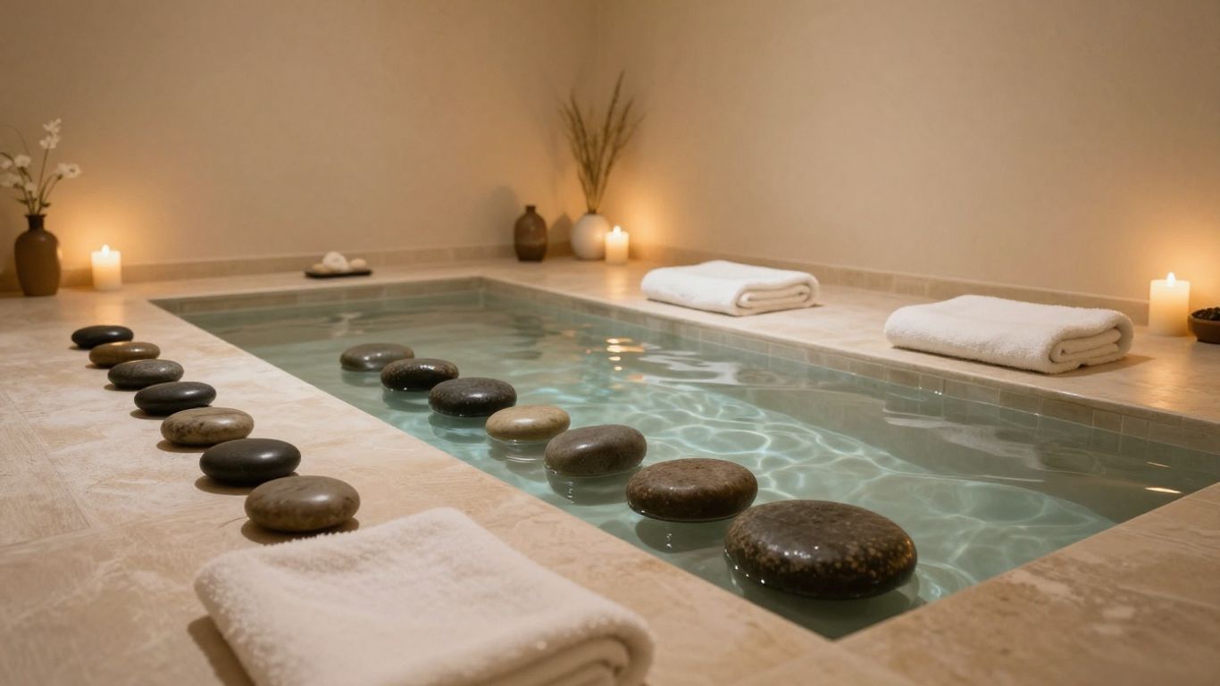 Spa room with a long indoor soaking pool, floating stones, and white towels along the edges