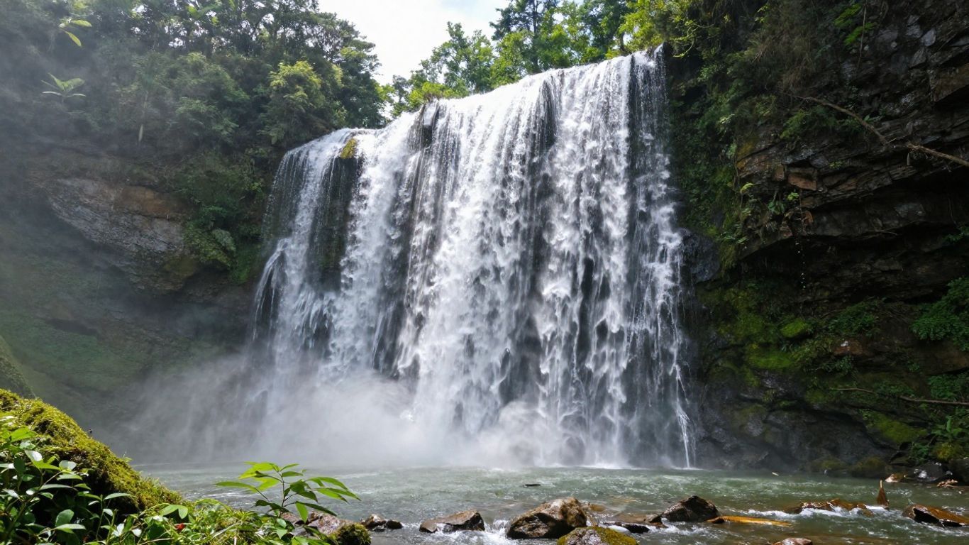 Wide waterfall cascading over a rocky cliff into a misty forest pool