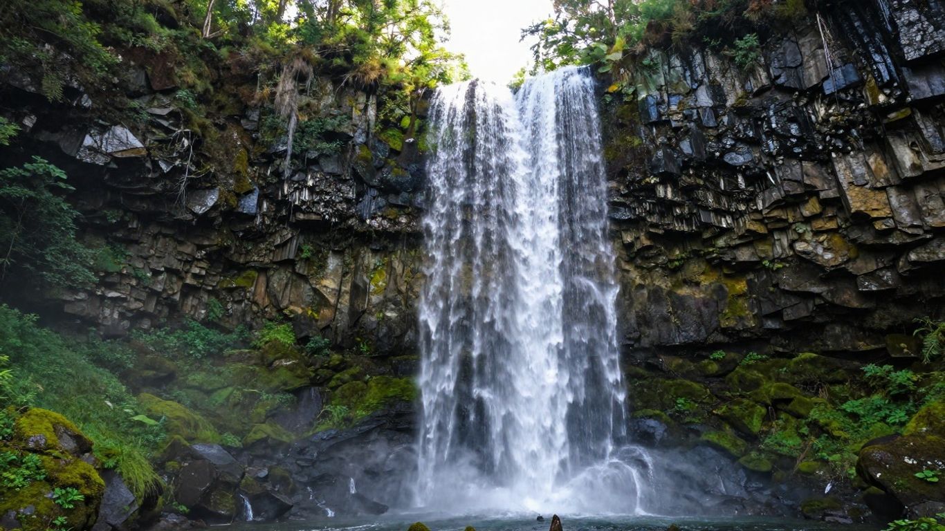 Waterfall cascading over dark rock cliffs into a pool, surrounded by lush green vegetation.