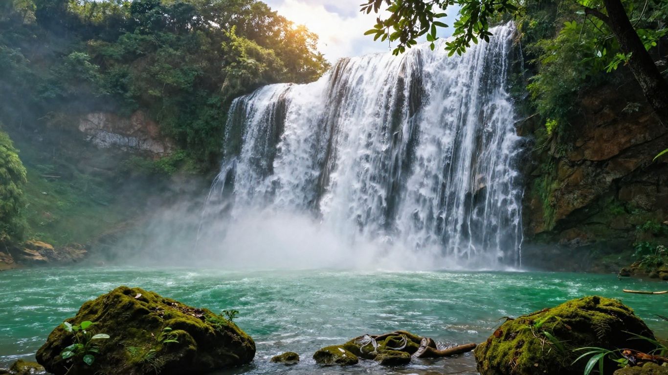 Lush waterfall cascading into a turquoise pool, framed by mossy rocks and dense green forest.