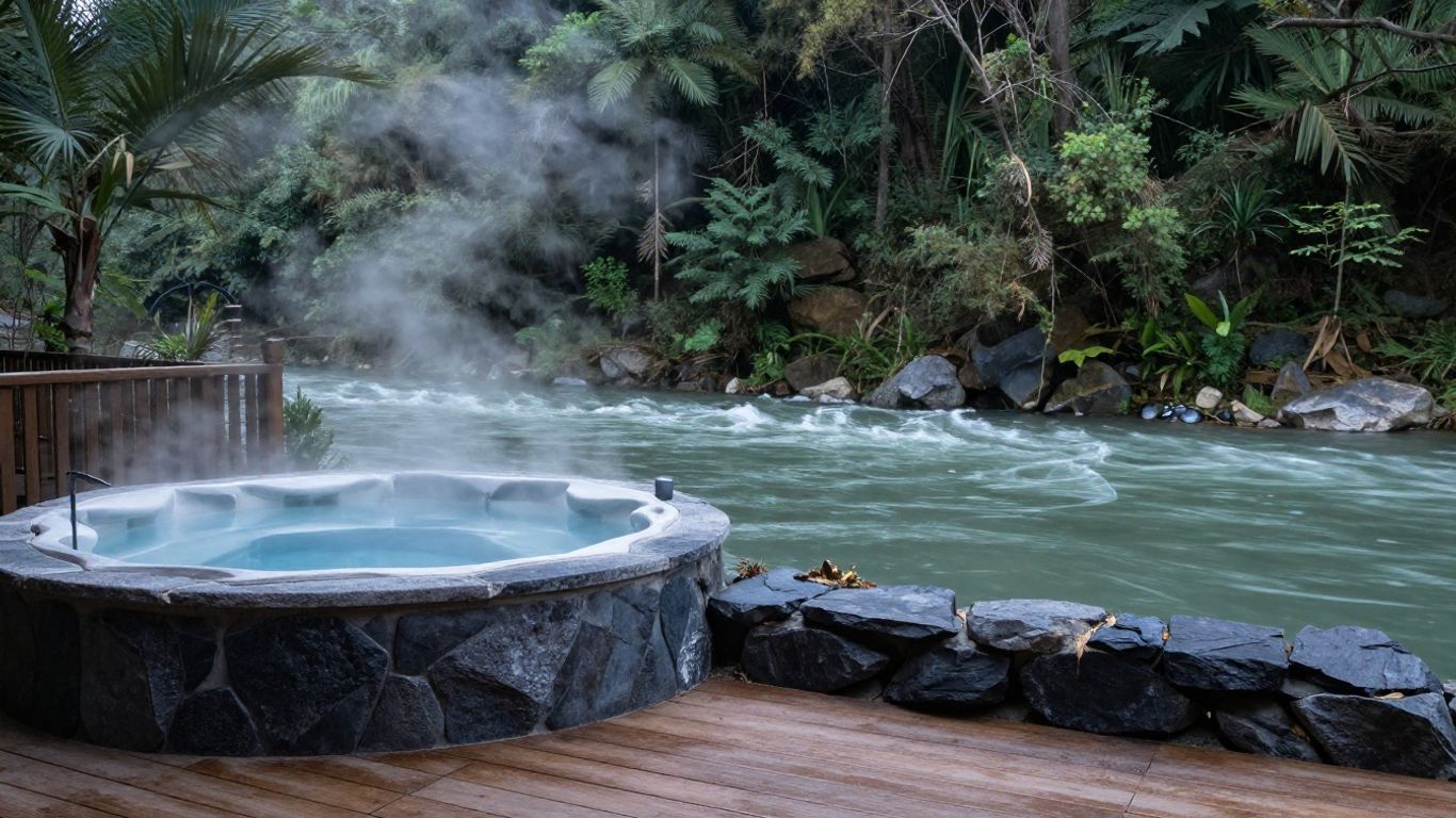Steaming outdoor hot tub beside a river in a lush forest setting