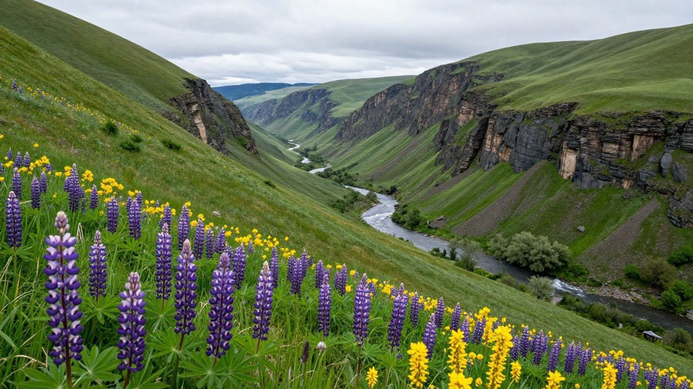 Purple wildflowers on a steep green valley hillside above a winding river under cloudy skies