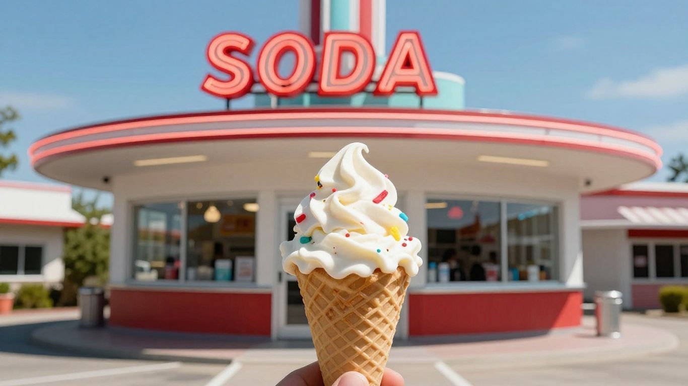 Ice cream cone in front of a retro soda shop with a red “SODA” sign.
