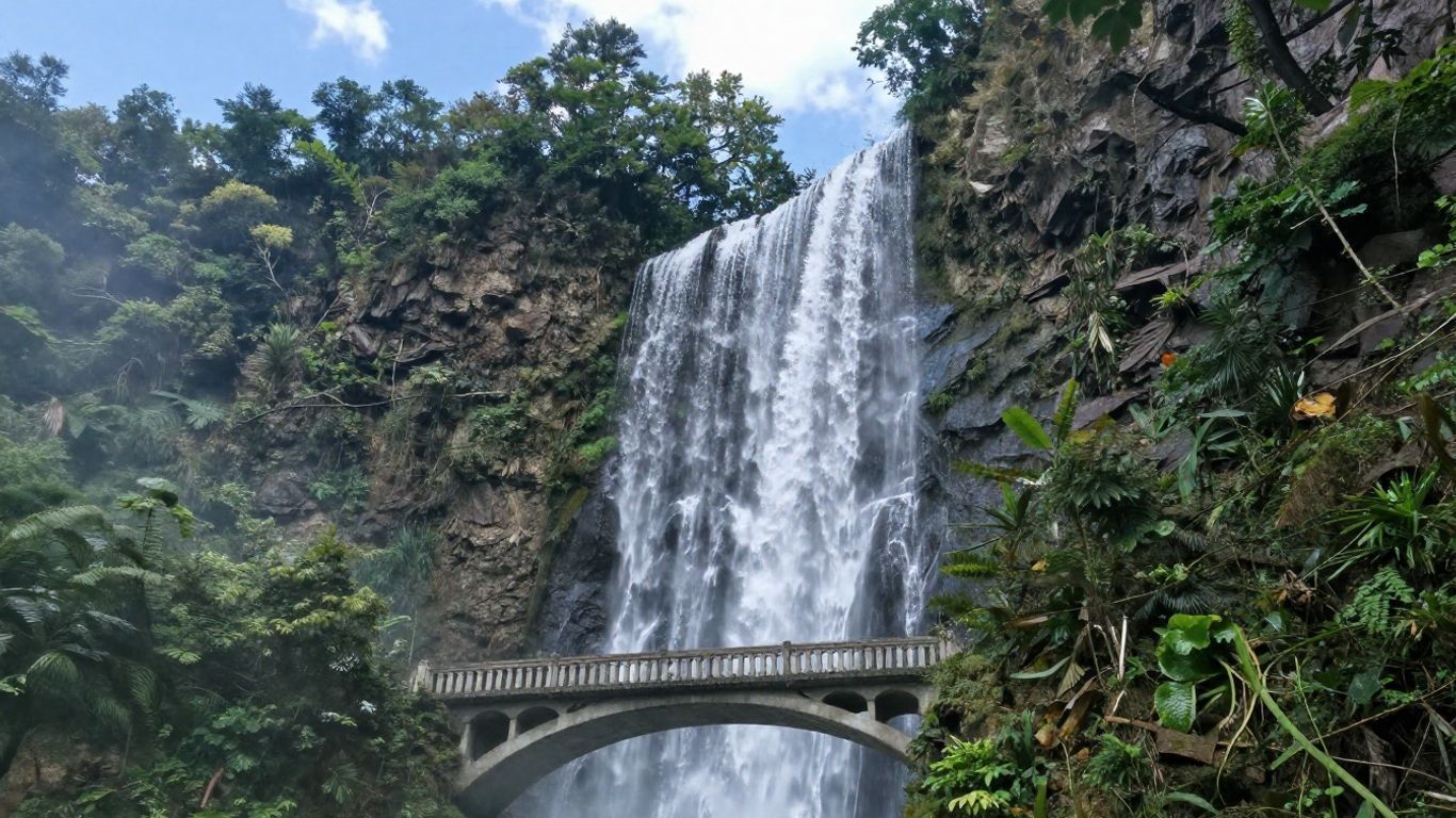 Tall waterfall cascading beside a forested cliff, with a bridge crossing in front.