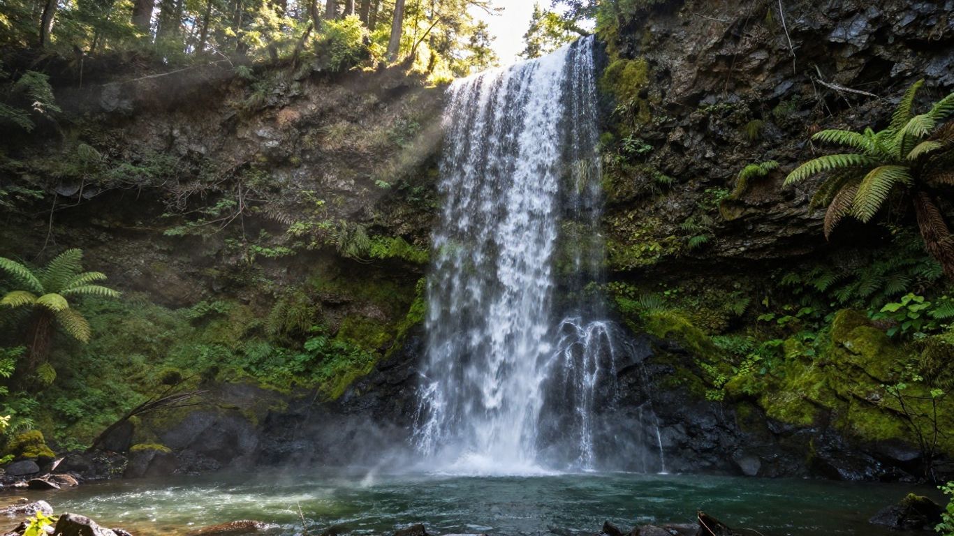 Small waterfall flowing into a pool amid mossy rocks and lush green foliage