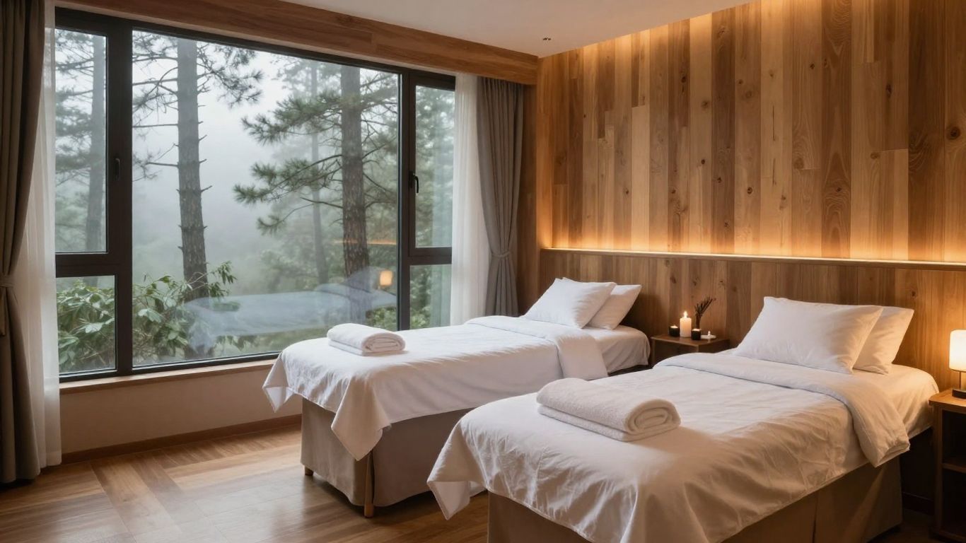 Modern twin bedroom with two beds, wood-paneled wall, and large windows overlooking a misty forest
